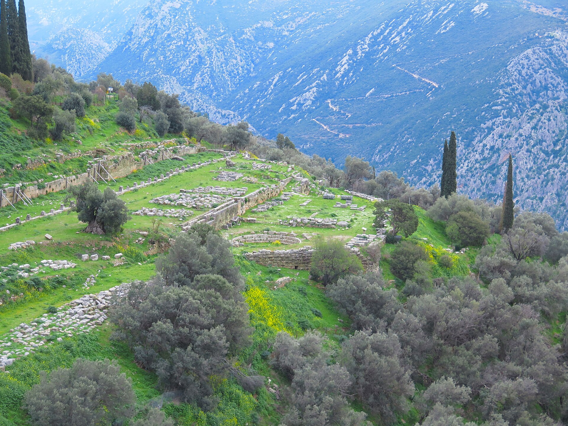 Ancient ruins beneath the mountains at Delphi